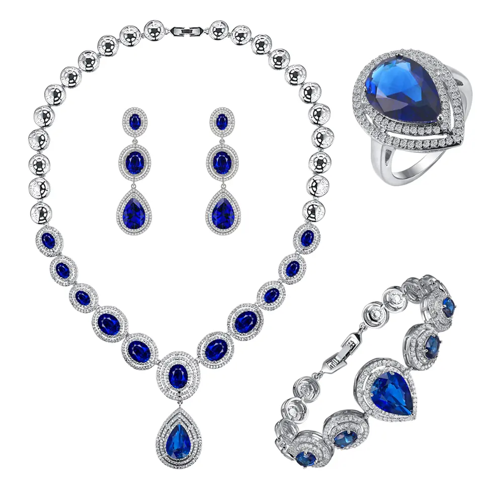 Brincos de luxo de safira azul cz, conjunto de joias para mulheres, conjunto de joias de zircônia cúbica azul e oval para noiva