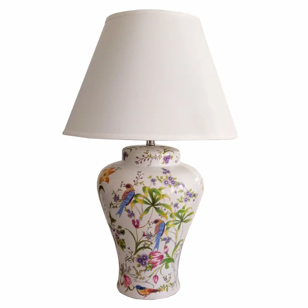 Casa de luxo atacado mobília chinês porcelana telha artesanal pássaro e flor cerâmica mesa lâmpada com vaso grande