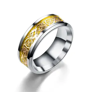 Cincin Karbida Tungsten Bertatahkan Emas Hitam Naga Celtic 8Mm