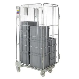 4 Sides Good Quality Folding Cargo Storage Laundry Medium Duty Transportation Zinc Plated Wire Mesh Roll Cage Trolley