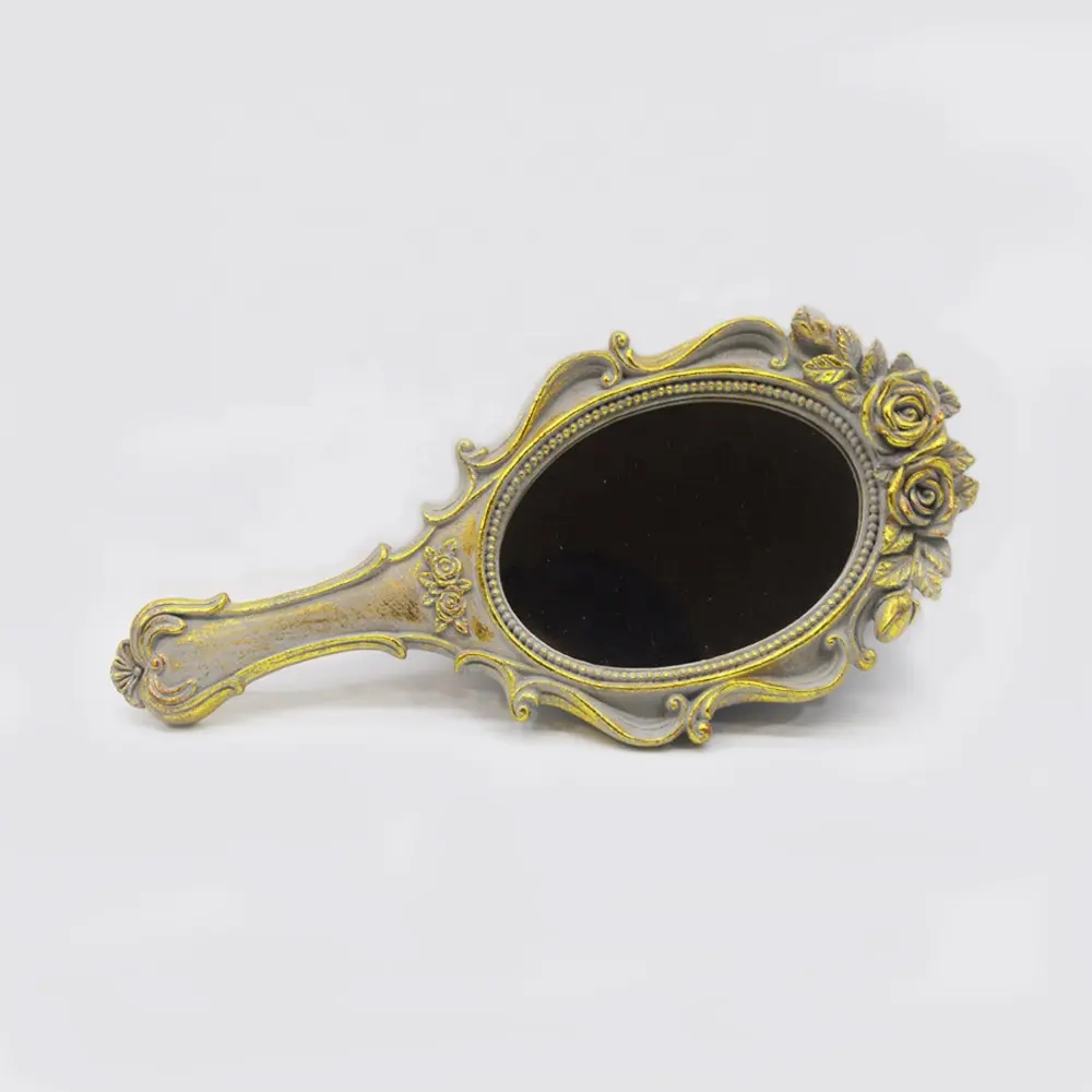 Small Ornate Decorative Hand Held Mirrors With Scroll Work Embossed Handle