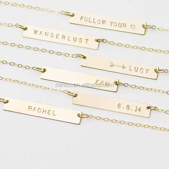 Collar de barra personalizado grabado con nombre chapado en oro de 18k, collar de joyería de moda