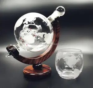 Etched Fancy World Globe Unique Glass Whiskey Vodka Decanter Set With 12oz Whiskey Globe Glass For Sale