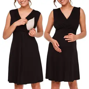 Directamente de fábrica, vestido de lactancia para mujer de alta calidad, elegante vestido negro sólido para amamantar, vestidos cortos de tela de punto con cuello redondo