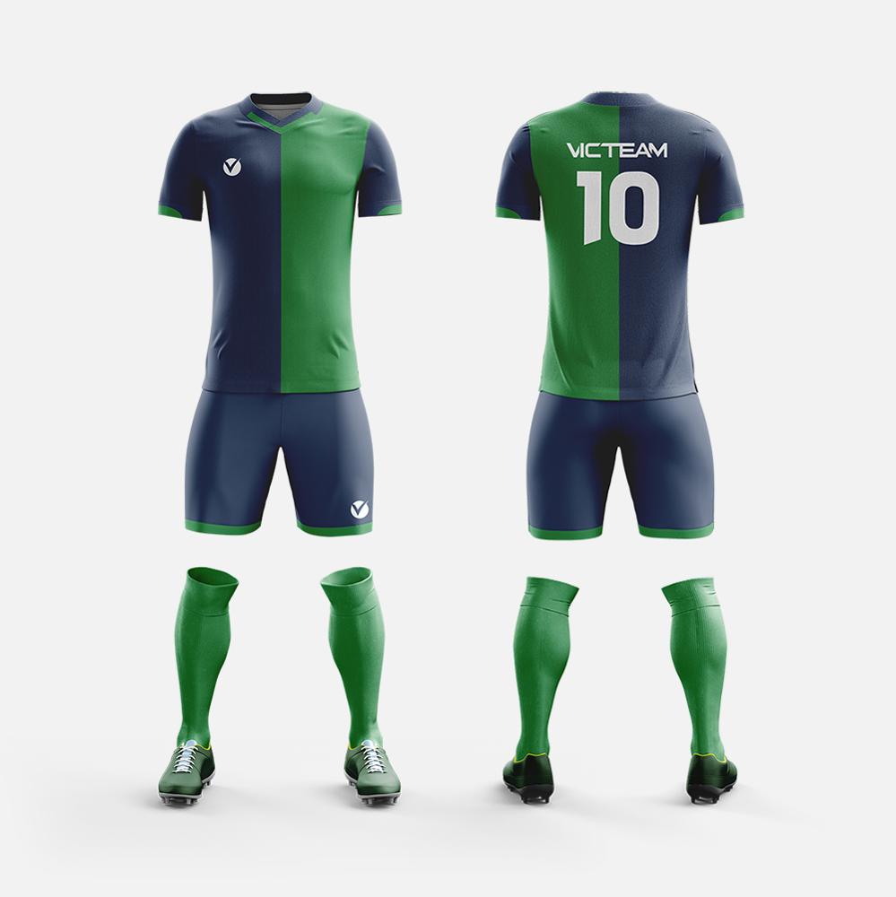 China Made Navy Blue and Green Football Jersey, Dry Fit Custom Sublimated Soccer Uniform Set For Men