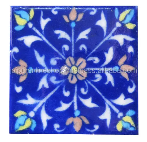 Blue pottery tile with blue flower painting