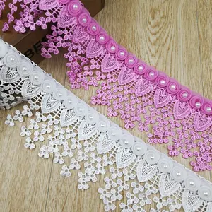 7 cm Chiffon Flower Beaded Embroidery 3D Pearl Tassels Lace Trim For Tablecloth Curtain