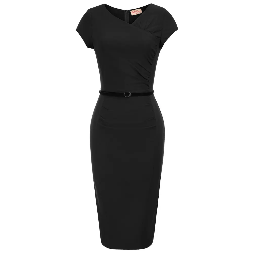 BP000735 Black Vintage Asymmetrical V-Neck Hips-wrapped Bodycon Pencil Dress