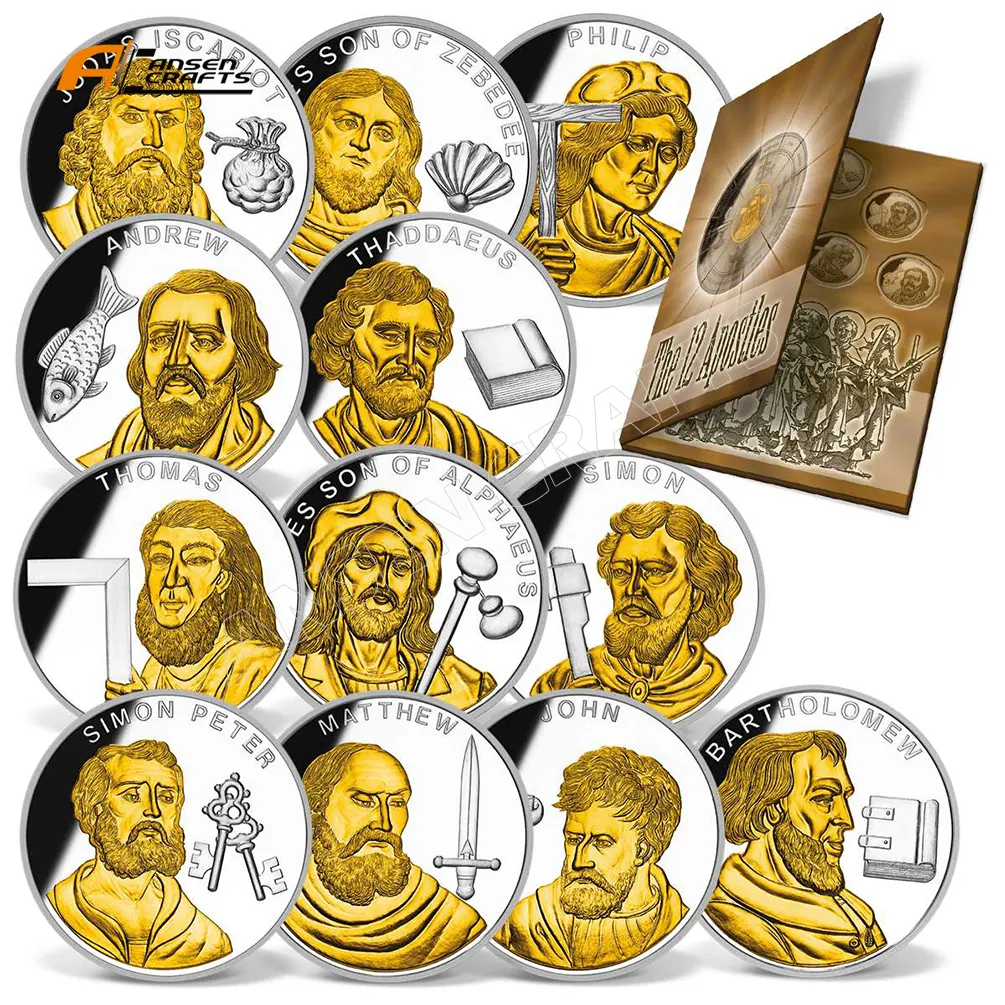 זהב כסף סמל בתולה מרי סנדלי ישו Sagrado Corazon דה עם 12 השליחים סטי מטבע