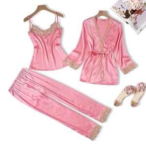 Womens Satin Three Piece <strong>Sexy</strong> Lace Pajamas <strong>Set</strong> Long Sleeve Nighties Evening Loungewear Pyjamas Women Sleepwear 3pcs <strong>PJ</strong> <strong>Set</strong> - Product Image 1