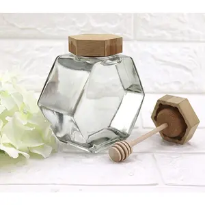 Emballage Verrerie 100ml 220ml 380ml Pot de miel en verre Couvercle en bois Pot hexagonal avec bâton