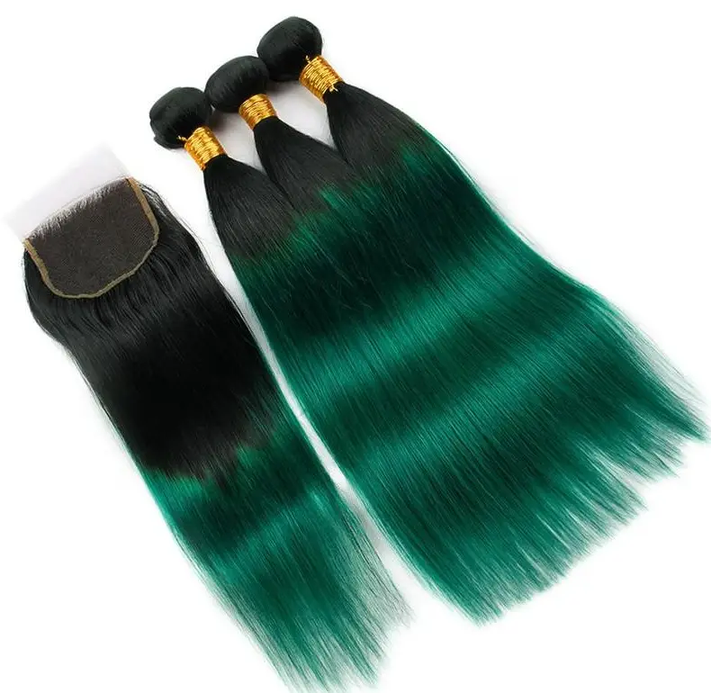 weft weaving human hair extension thick 100 unprocessed virgin brazilian ombre 1b dark green bundles with hd lace closure baby