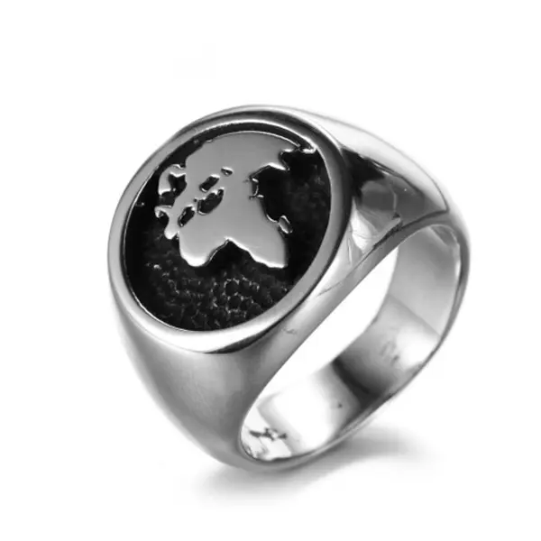 Anillo de acero inoxidable con diseño de mapa del mundo para hombre