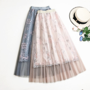Summer <strong>Pleated</strong> <strong>Skirt</strong> Mesh <strong>Pink</strong> Beige Blue Embroidery Elastic Waist Long <strong>Skirts</strong> Womens Bandage Sexy Party Office Lady Midi <strong>Skirt</strong> - Product Image 1
