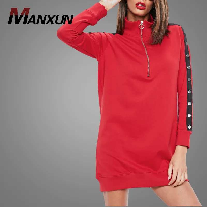 Top Fashion Red Sweater hoodie Dress women High Neck Half Zipper Longline Ladies Sweatshirt Dress