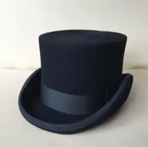 Toptan kış klasik Steampunk yün keçe malzeme Unisex sert siyah silindir şapka erkekler için olaylar parti moda