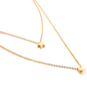 Haute qualité 18k plaqué or bijoux étoile et croissant de lune pendentif <span class=keywords><strong>Double</strong></span> chaîne <span class=keywords><strong>multicouche</strong></span> <span class=keywords><strong>collier</strong></span> pour femmes et filles - Product Image 2