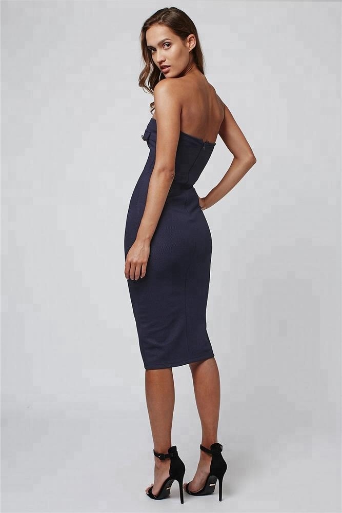 Women's Navy Blue Strapless Buttoned Midi Dress - Hey Rainbow