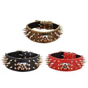 Strong Leather 2inch Width Studded Spikes Large Pet Dog Big Collar with SM and Matched Leashes Lead