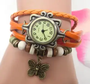 Groothandel Handgemaakte Lederen Wrap Gevlochten Kraal Hout Touw Armband Mannen Vrouwen Armband Vlinder Charme Horloge