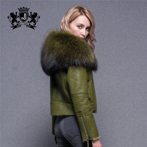 Super Large Raccoon <strong>Fur</strong> Collar <strong>Jacket</strong> Real Lamb <strong>Fur</strong> <strong>Lined</strong> Sheepskin Leather Coat for Women - Product Image 3