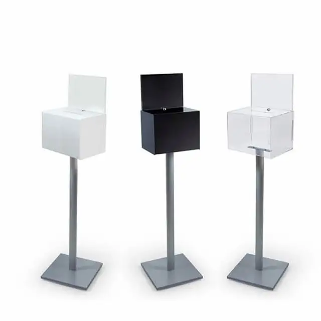 Cheap factory direct selling showing stand acrylic blue donation/comment/suggestion box stand