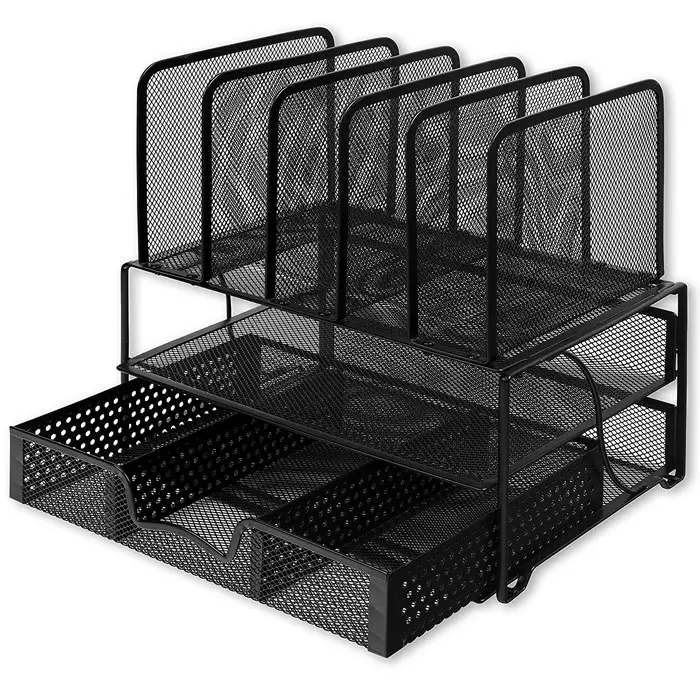 Black Metal Wire Mesh Office File Organizer Mesh Desk Organizer with Sliding Drawer