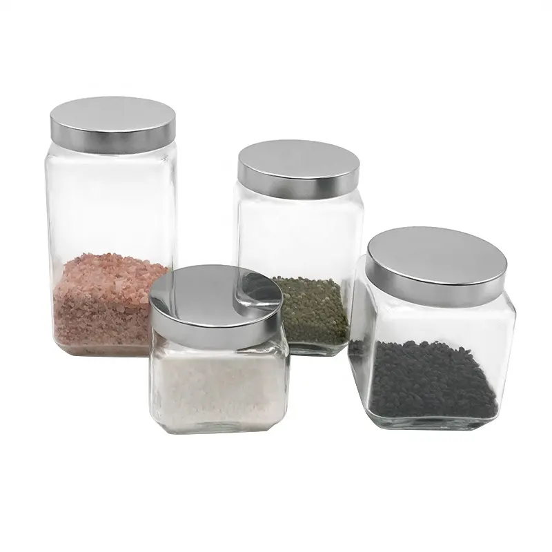 Pot en verre vide pour aliments, stockage de forme carrée et de couleur aléatoire avec vis métallique