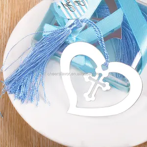 Favores de la boda de acero inoxidable Cruz marcador de corazón con borla azul bebé ducha partido suministros