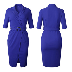 Abito <span class=keywords><strong>da</strong></span> <span class=keywords><strong>Ufficio</strong></span> per <span class=keywords><strong>Donna</strong></span> di Alta Qualità con Collo a V, Tasche Tridimensionali, Cintura, Stile Inglese, Tinta Unita, Mezza Manica - Product Image 6