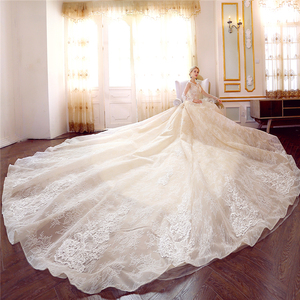 <span class=keywords><strong>Abiti</strong></span> da Sposa di Lusso Eleganti in Organza Champagne con Applicazioni in Pizzo, Gonna a Palloncino, Strascico Cattedrale, Maniche Lunghe 2025 WF045 - Product Image 3