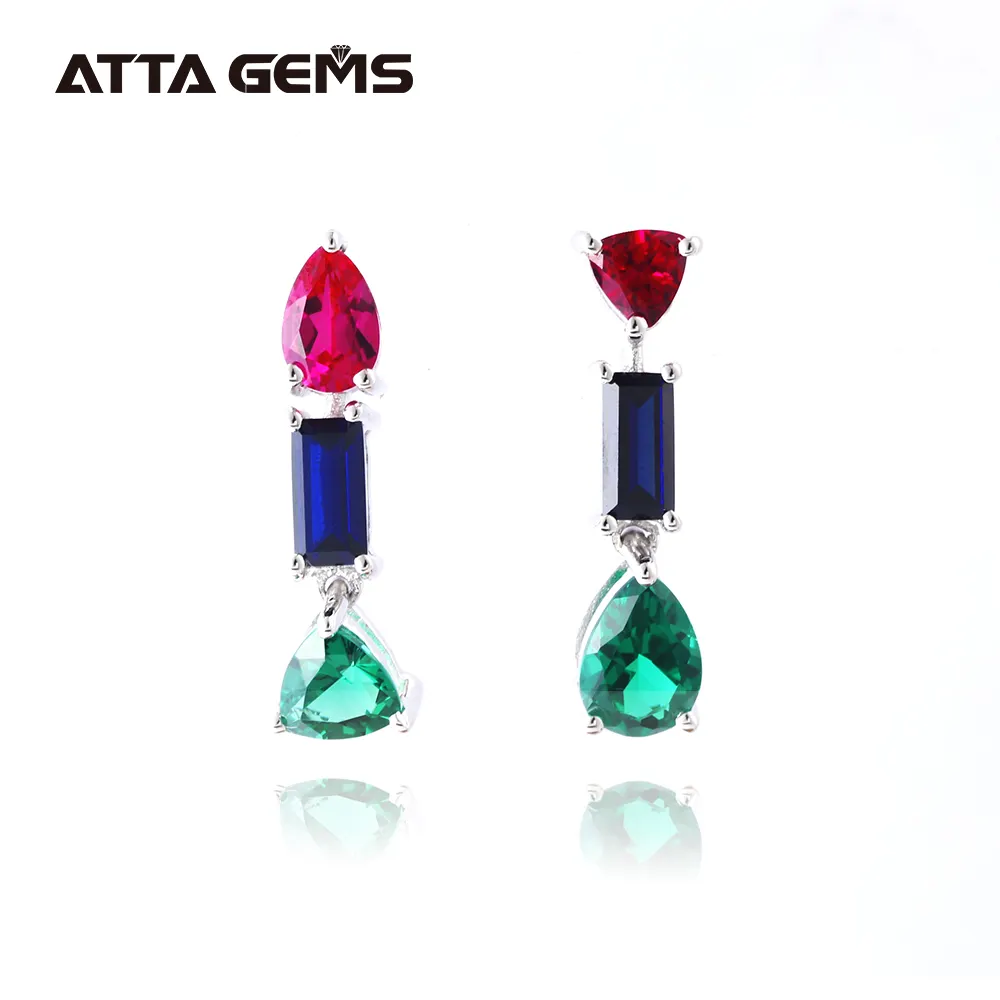 Popular Jewelry 925 Silver Plated Platinum Created Colorful Emerald Ruby Sapphire Drop Earrings For Wedding Small Gift