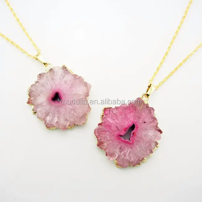 NM24220 Naturedelstein rosa Solarquarz freie Form Anhänger-Kette Halskette vergoldet Boho Chic stilvolles Schmuckgeschenk für sie