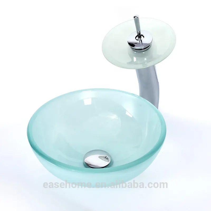 Gehärtetes Glasgefäß Badezimmer Waschtisch Runde Schüssel, Chrom Wasserhahn Pop-up Drain Combo, Frosted