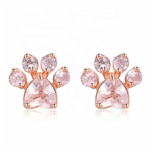 CAOSHI Wholesale Rose Gold Plated Animal Earrings Stud Lovely Pink Crystal Cubic Zirconia Stone Cute Paw Stud Earrings for Girls