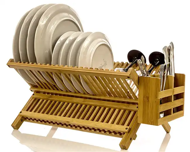 HBlife Dish Rack Bamboo Folding 2-Tier Collapsible Drainer Dish Drying Rack with Utensils Flatware Holder Set (Dish Rack with Utensil Holder)