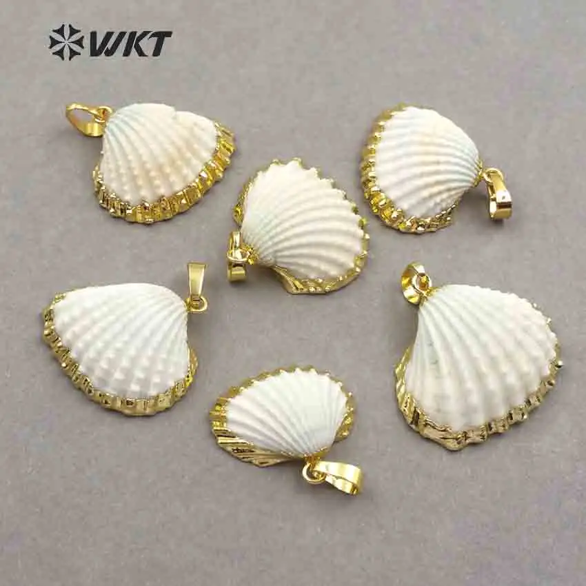 WT-JP017 Wholesale Fashion gold plated white scallop shell pendant, Amazing lovely natural scallop shell pendant with gold trim