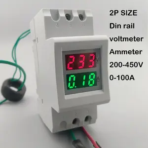 2P 36Mm Din Rail Dual LED Menampilkan Tegangan dan Arus Meter Pengukur Tegangan Volt Pengukur Amper Rentang AC 200-450V 0-100A