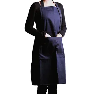 日式棉质清洁围裙创意面料厨房家用工作服无袖围裙深蓝色