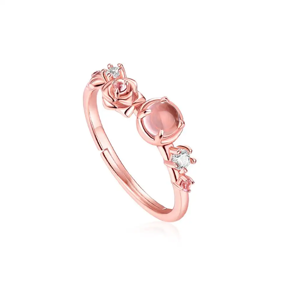 Rosa hoja de Plata de Ley 925 en forma de oro de cuarzo anillo de compromiso