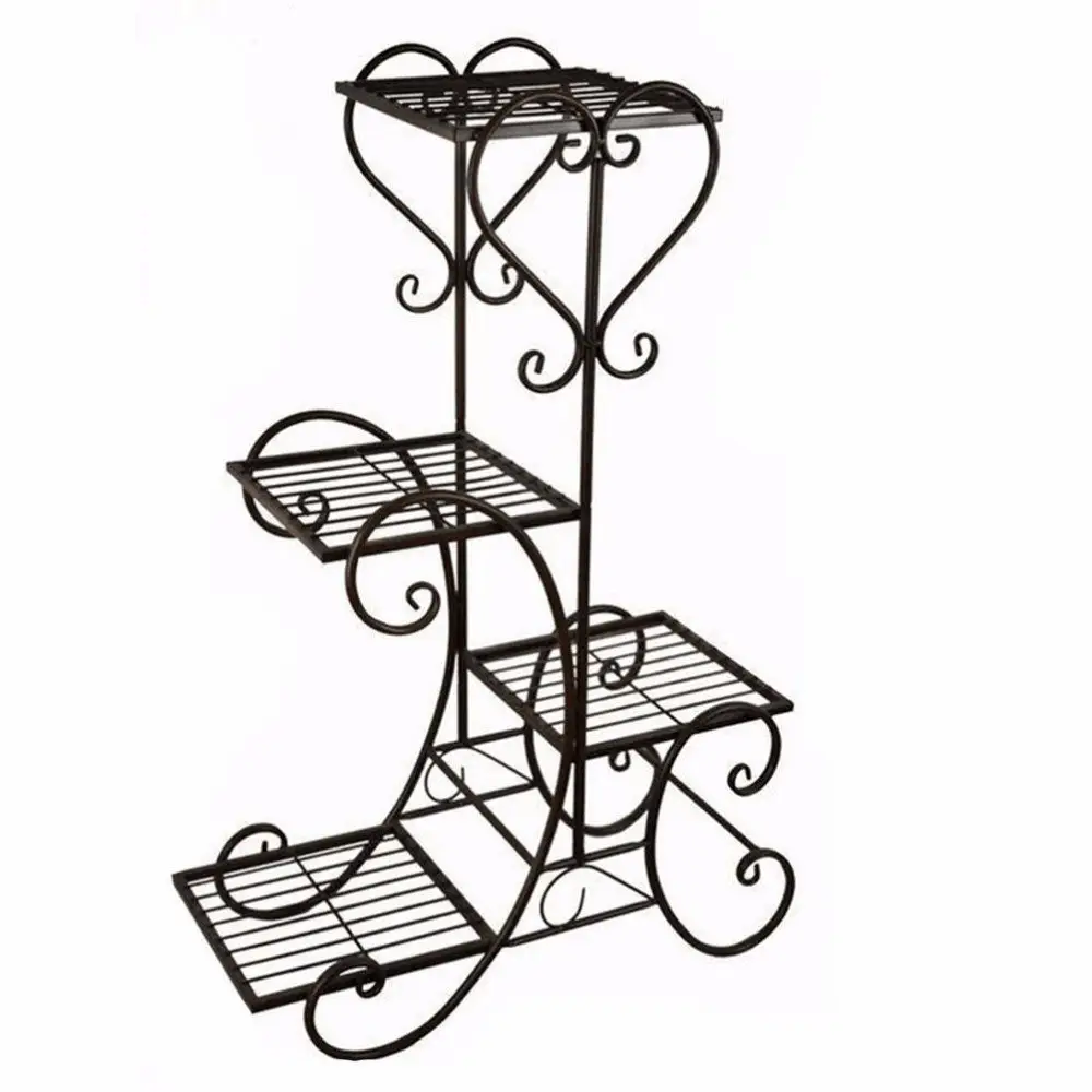 Wholesale Home Garden 4 Tiers Standing Black Powder Coated Iron Flower Rack Metal Flower Stand for Plant