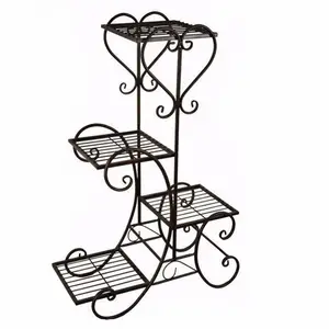 Groothandel Thuis Tuin 4 Tiers Staande Zwart Poeder Gecoat Ijzeren Bloem Rack Metalen Bloem Stand Voor Plant