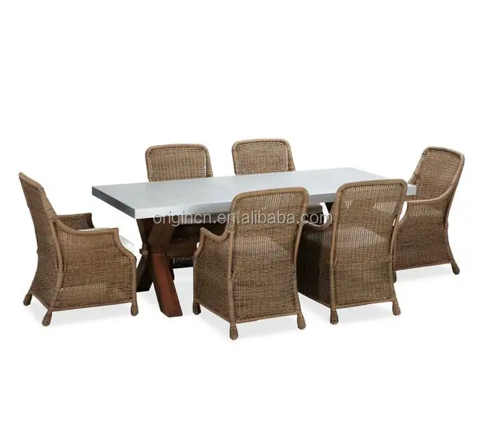 Hoge Kwaliteit Patio Meubilair Buiten Picknick Zinken Houten Eettafel Rotan Stoelen Set