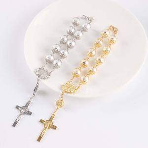 Italia Fashion Design 8mm St.Benedict perla con Capped oro <span class=keywords><strong>argento</strong></span> Decade <span class=keywords><strong>bracciale</strong></span> cattolico <span class=keywords><strong>rosario</strong></span> - Product Image 3
