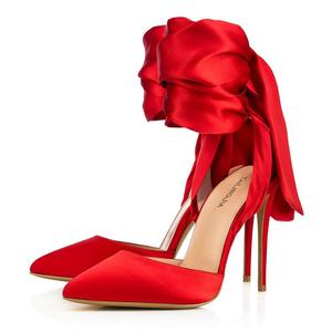 Zapatos de Tacón Alto Elegantes con Punta en Pico para Mujer, Tacones de Aguja Rojos de Satén para Fiesta - Product Image 1