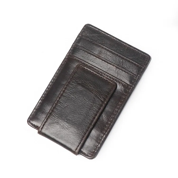 Genuine leather men's slim magnetic money clip card holder wallet