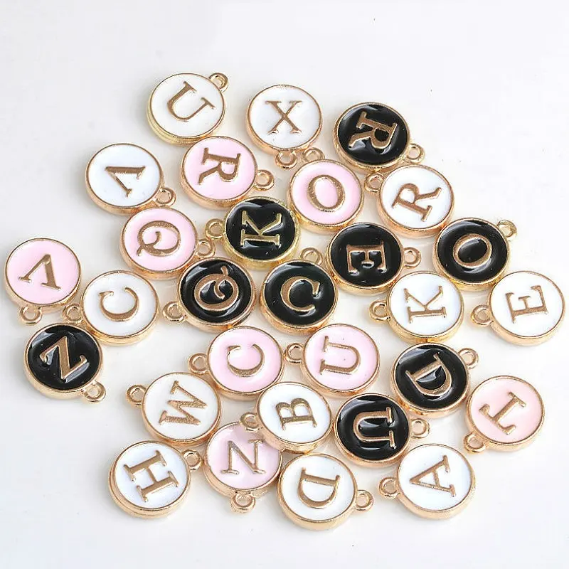 100pcs 12*14MM Round Gold Enamel Alphabet Charms Color Capital Letter Beads Initial Pendants Alloy Jewelry Making Accessories