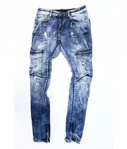 Royal wolf denim garment factory blue bleach ankle zip ripped men jeans denim cargo jeans pants
