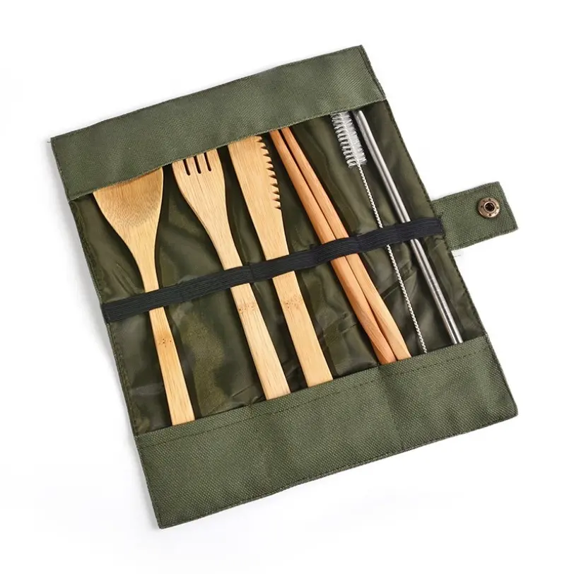 2024 Wholesale reusable kids bamboo camping travel household cutlery set portable children tableware with bag