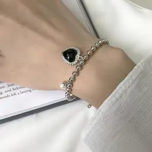 Silver 925 jewelry black agate heart charms bangle bracelet